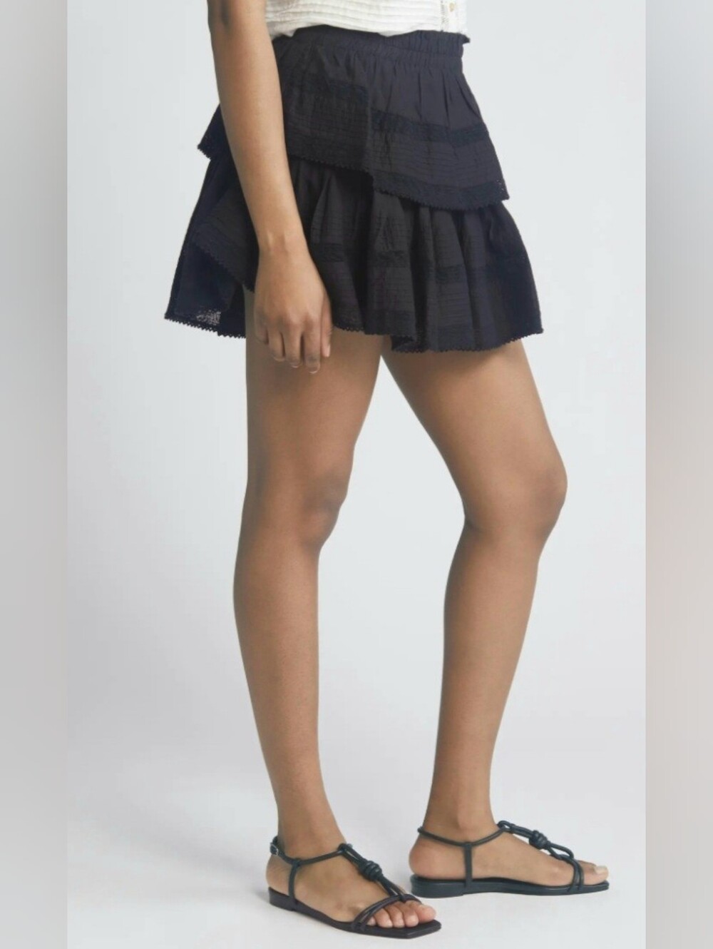 LoveShackFancy Black Ruffle Tiered Mini Skirt Lace Trim